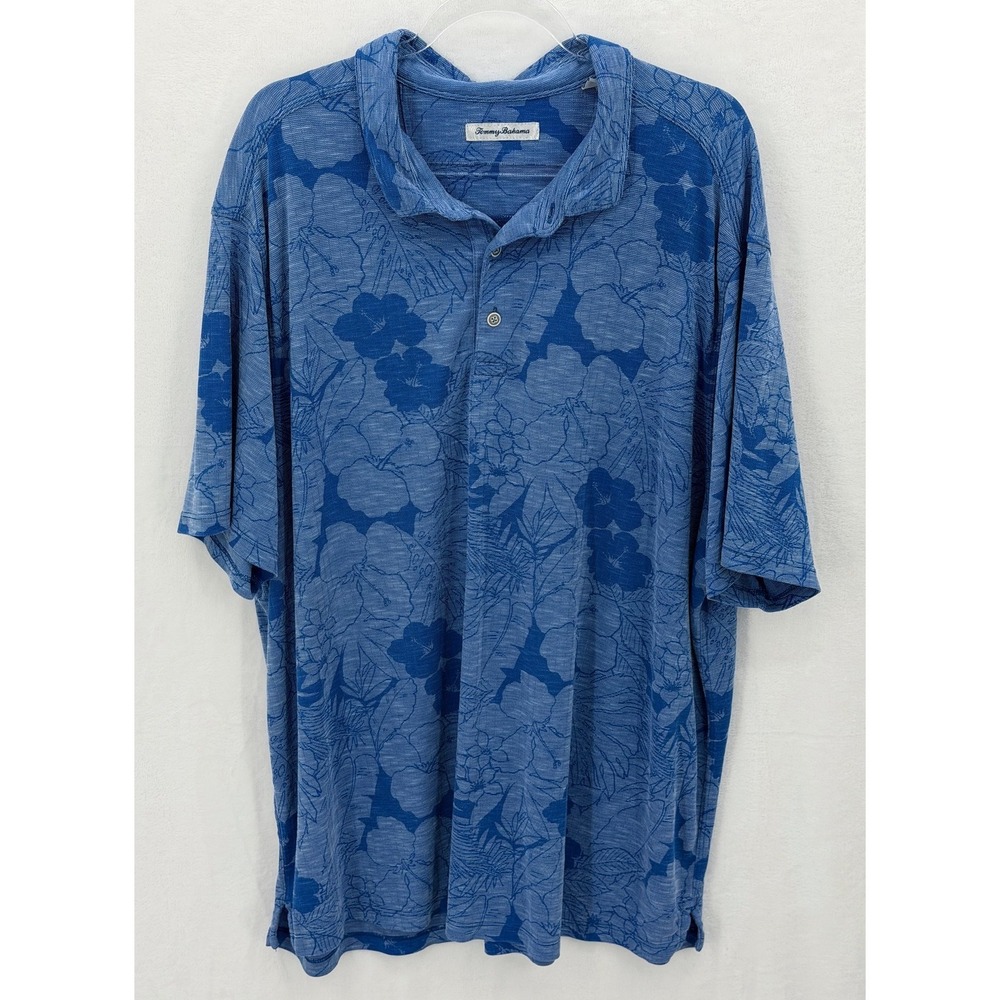 Tommy Bahama Polo Shirt Mens 2XLB Blue Floral Tropical Beachy Summer Vacation
